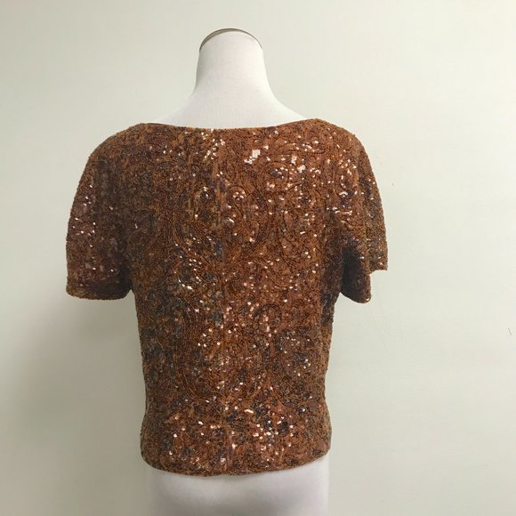 Vintage sequin beaded paisley print short sleeve top Italy crop silk M - Picture 5 of 9